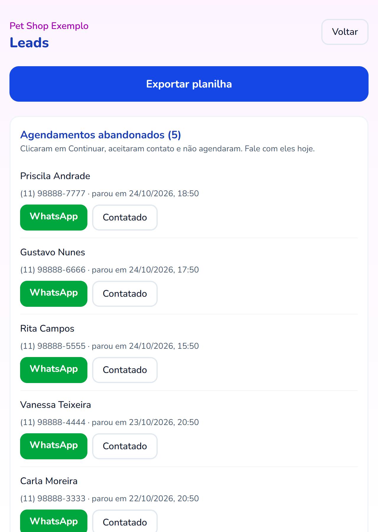 Contatos que não terminaram o agendamento