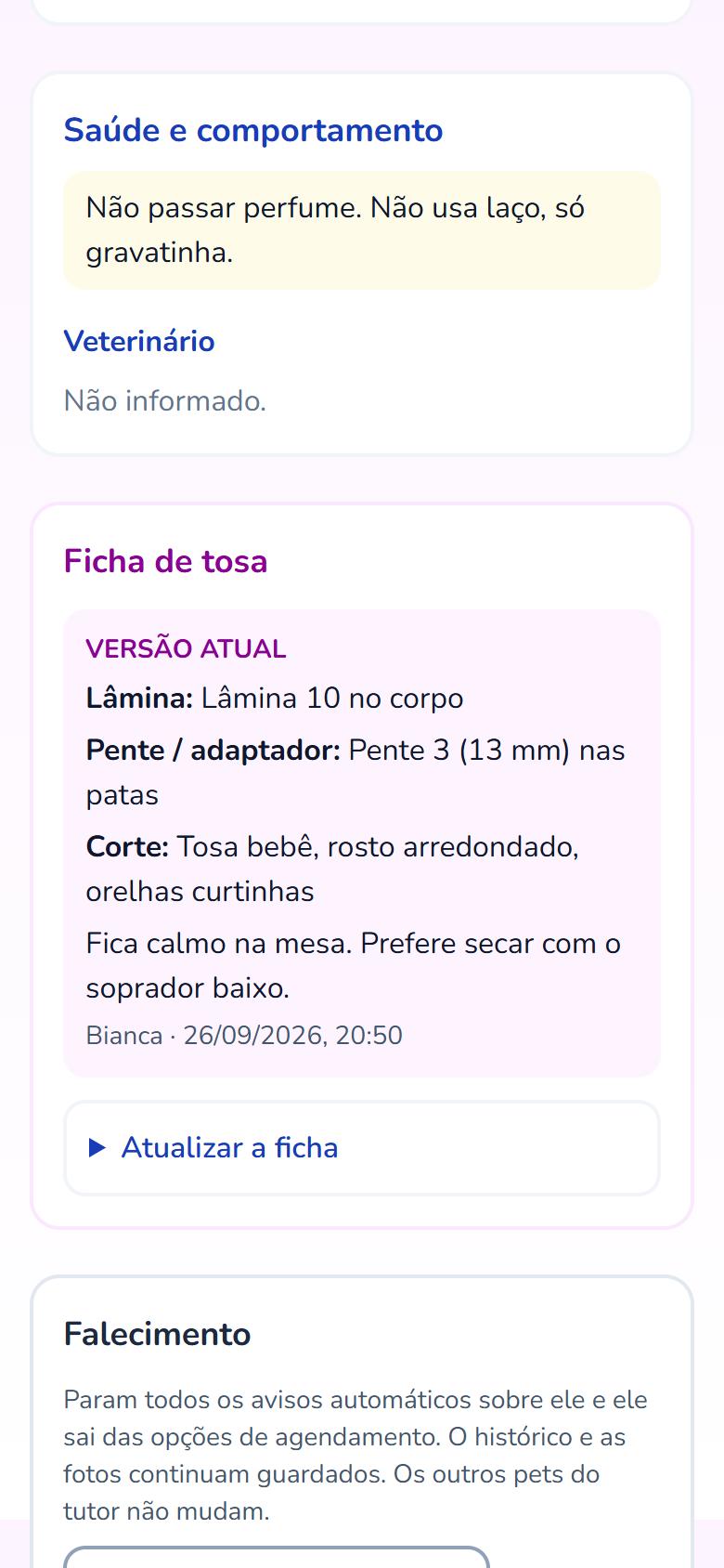 Ficha do pet com observações e ficha de tosa