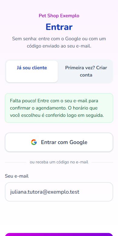 Tela para entrar com o Google ou o e-mail