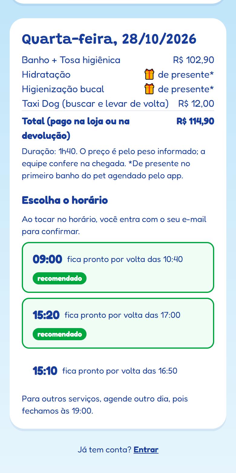 Tela do tutor escolhendo um horário livre, com o total e o Taxi Dog
