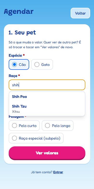 Tela de escolha da raça