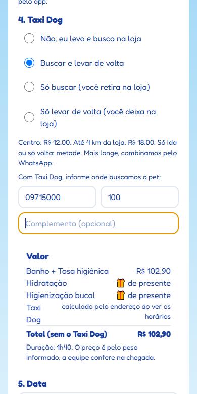 Tutor escolhendo o Taxi Dog e informando o CEP