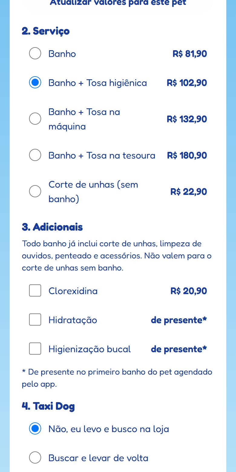 Tela do tutor vendo o valor de cada serviço